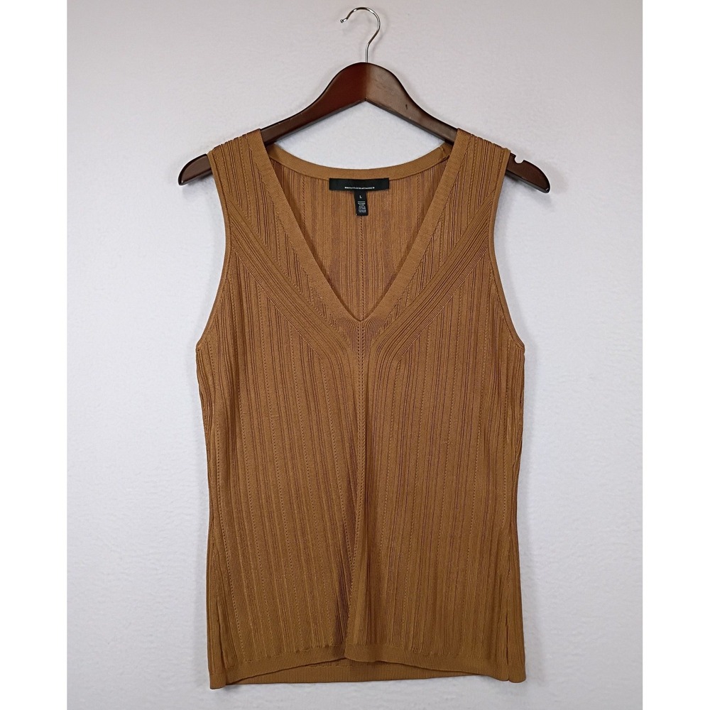 Quiet Luxury White House Black Market Women L Camel Brown Ribbed VNeck Knit Tank